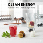 A glass of natural red pre-workout drink with stevia leaves and clean ingredients on a white table